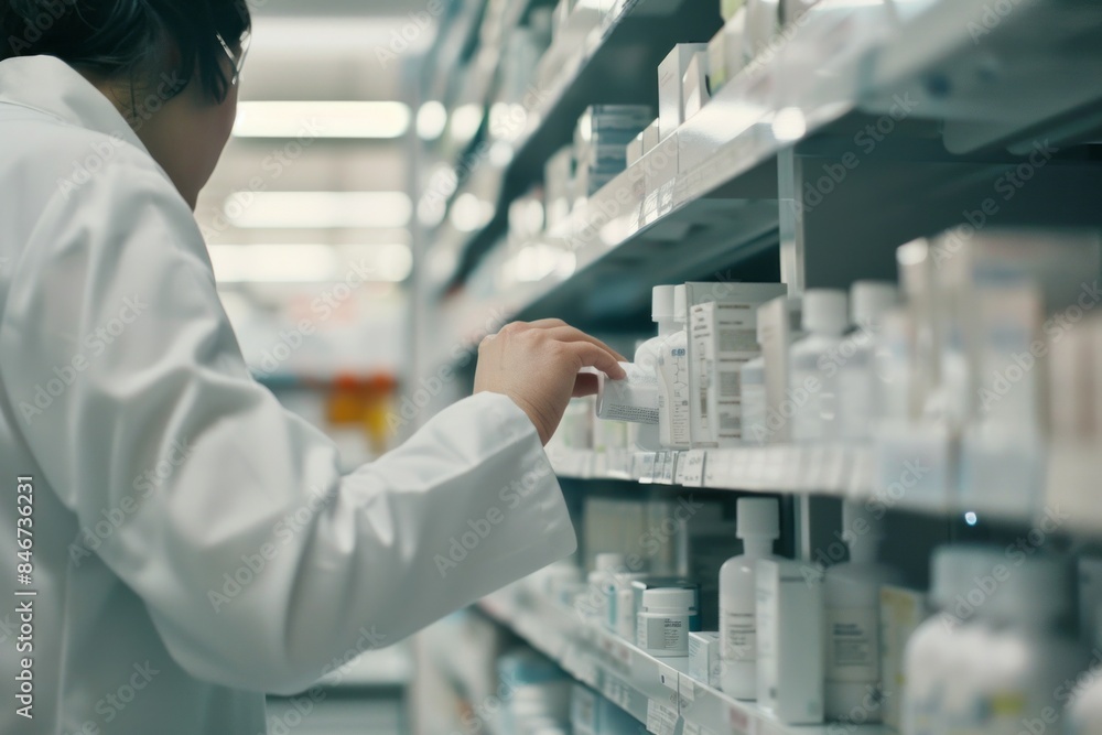 Close up of pharmacy shelf and reaching for medicine for the shelves and pick up product Close up of pharmacy shelf and reaching for medicine for the shelves and pick up product