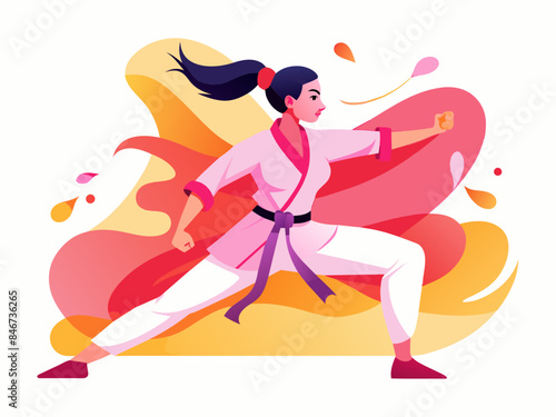 Woman Practicing Martial Arts - Abstract Soft Hue Background Vector Illustration