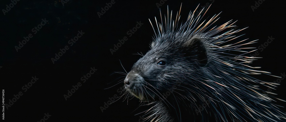 A porcupine gazes into the darkness, its presence highlighted against the enveloping black background A porcupine gazes into the darkness, its presence highlighted against the enveloping black background