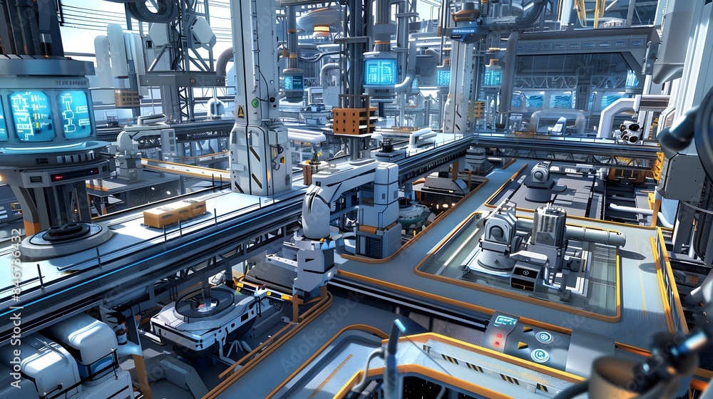 Futuristic factory complex bustling with advanced robots. The factory features sleek, modern architecture, the robots varying in size and function, efficiently handle various tasks Futuristic factory complex bustling with advanced robots. The factory features sleek, modern architecture, the robots varying in size and function, efficiently handle various tasks