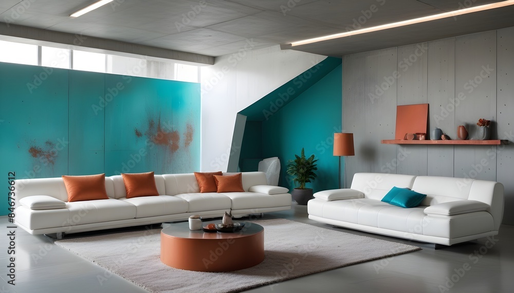 High end modern living room with white leather couch and a large flat screen tv mounted on the wall, brutalist architecture mixed with modern futuristic minimal design High end modern living room with white leather couch and a large flat screen tv mounted on the wall, brutalist architecture mixed with modern futuristic minimal design