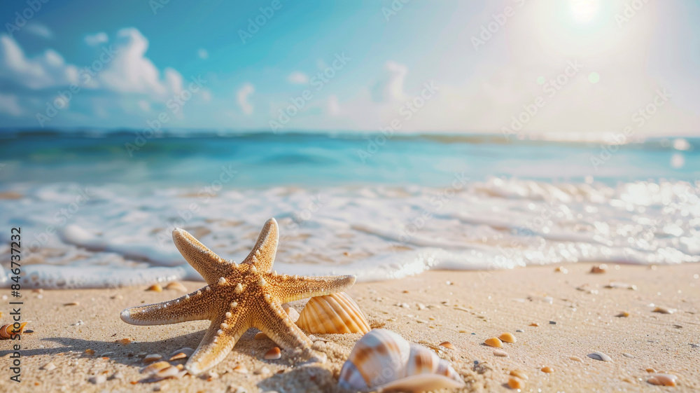 Starfish and seashells on a sunny beach indicate a summer vacation Starfish and seashells on a sunny beach indicate a summer vacation