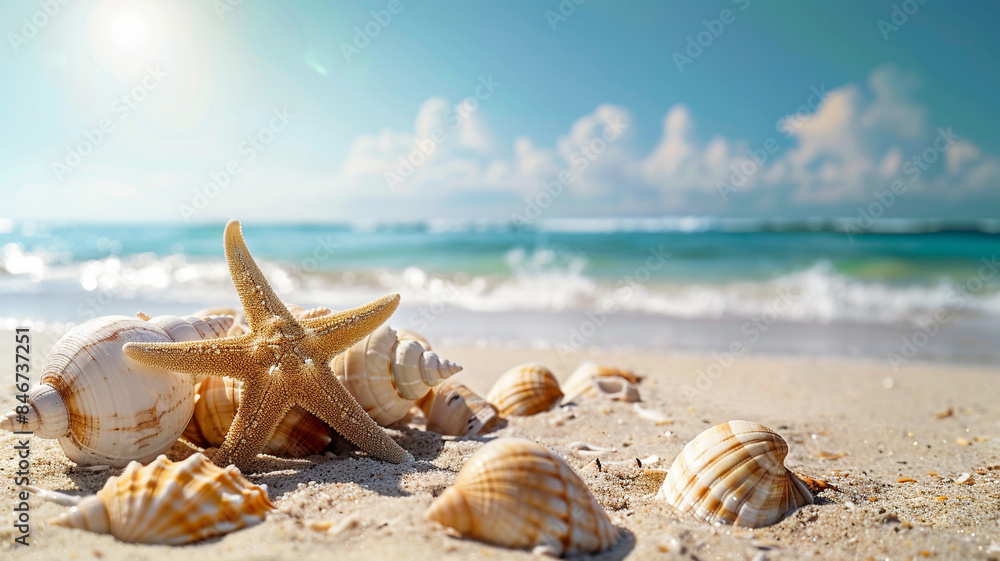 Starfish and seashells on a sunny beach indicate a summer vacation Starfish and seashells on a sunny beach indicate a summer vacation