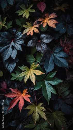 Colorful foliage, dark vignette, brooding mood.