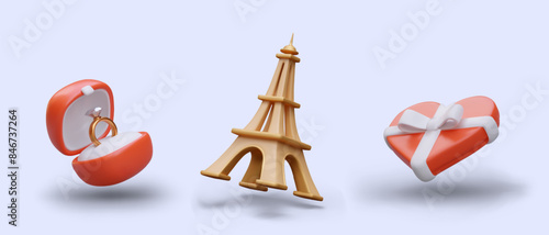 Realistic wedding ring box, Eiffel Tower, heart shaped candy box