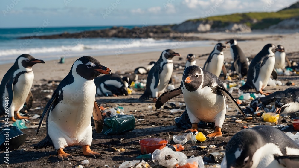 Obraz premium Flock of Penguins on the beach with rubbish. Marine and beach pollution. Ai Generative.