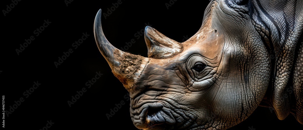 rhino's presence is highlighted against the black background, symbolizing resilience and protection rhino's presence is highlighted against the black background, symbolizing resilience and protection