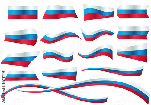 collection of Russian flags of different shapes, ribbon with the Russian tricolor