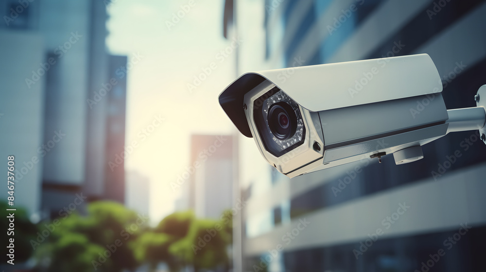 CCTV security camera in a city with business building on background CCTV security camera in a city with business building on background