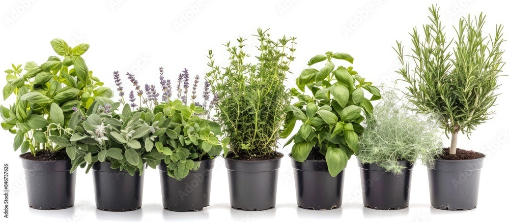 Arrangement of Rosemary, Oregano, Sage, Lavender, and Thyme in a pot. Innovative presentation of aromatic herbs in planters set against a white backdrop. Botanical assortment. Decorative feature. Arrangement of Rosemary, Oregano, Sage, Lavender, and Thyme in a pot. Innovative presentation of aromatic herbs in planters set against a white backdrop. Botanical assortment. Decorative feature.