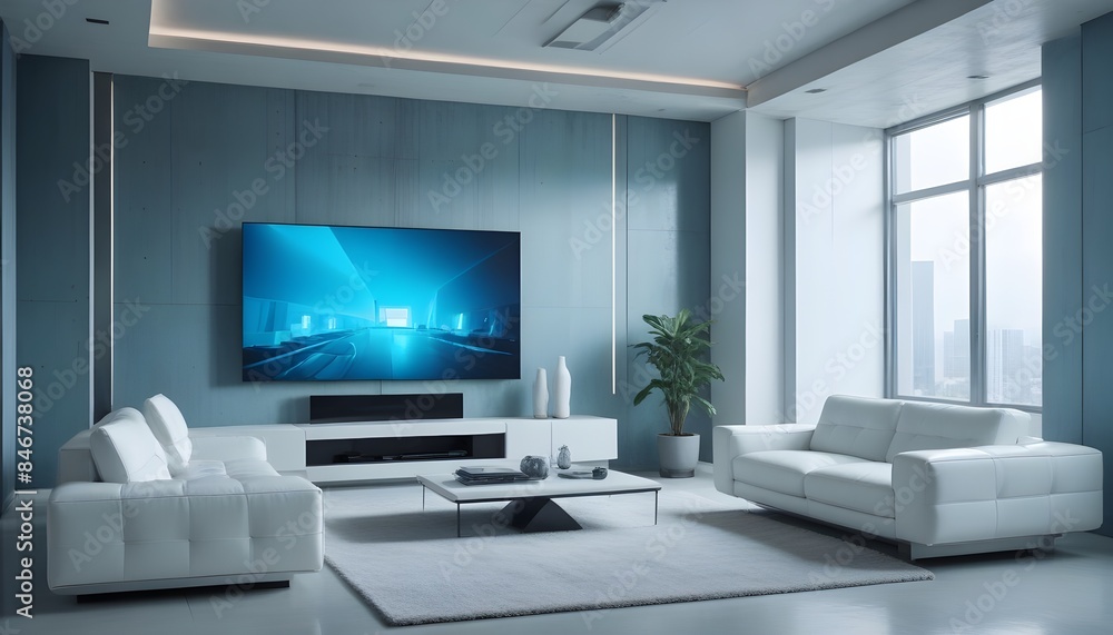 High end modern living room with white leather couch and a large flat screen tv mounted on the wall, brutalist architecture mixed with modern futuristic minimal design High end modern living room with white leather couch and a large flat screen tv mounted on the wall, brutalist architecture mixed with modern futuristic minimal design