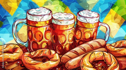 Whimsical Oktoberfest cartoon with frothy beer mugs, pretzels, and bratwursts against a backdrop of Bavarian flags photo