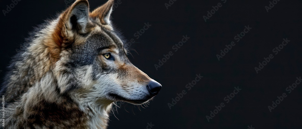 Fototapeta premium wolf looks away, its majestic presence highlighted against the enveloping black background