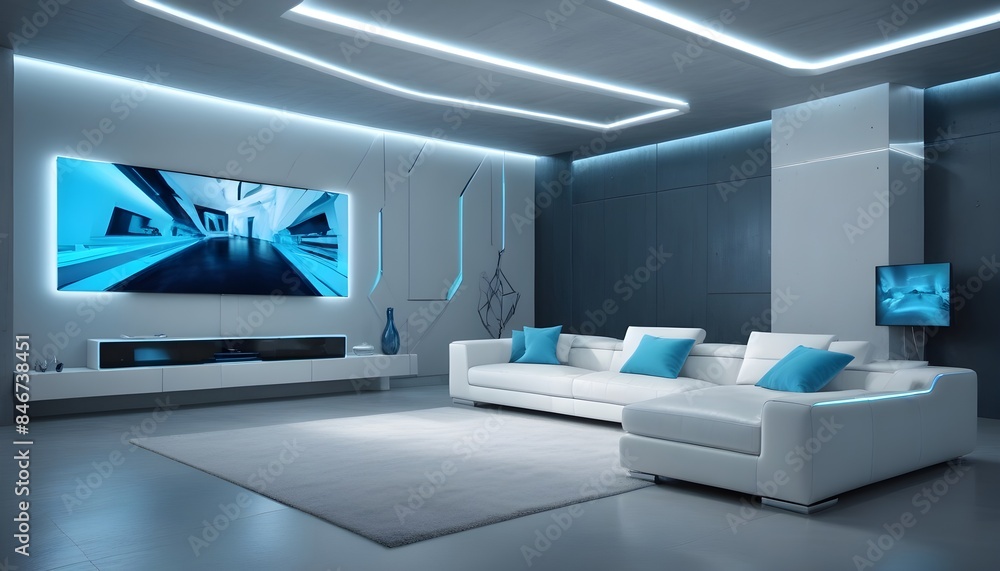High end modern living room with white leather couch and a large flat screen tv mounted on the wall, brutalist architecture mixed with modern futuristic minimal design High end modern living room with white leather couch and a large flat screen tv mounted on the wall, brutalist architecture mixed with modern futuristic minimal design