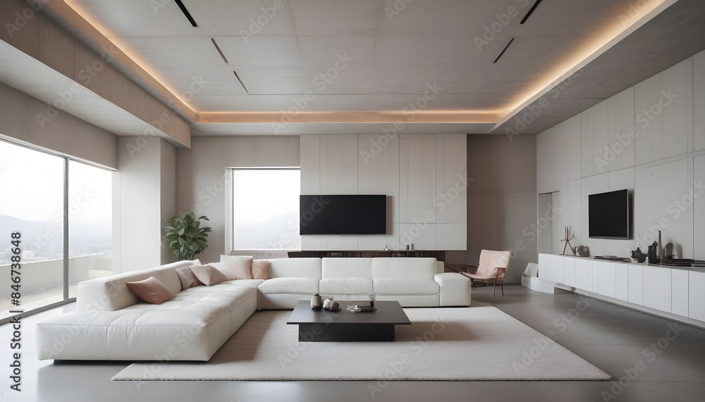 High end modern living room with white leather couch and a large flat screen tv mounted on the wall, brutalist architecture mixed with modern futuristic minimal design High end modern living room with white leather couch and a large flat screen tv mounted on the wall, brutalist architecture mixed with modern futuristic minimal design