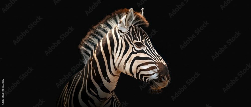Naklejka premium A zebra, poised and serene, looks away against the stark contrast of a black background