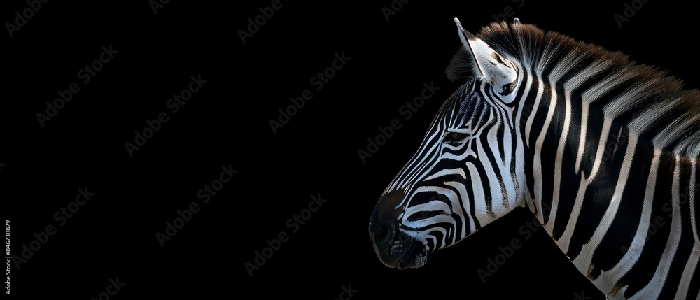 Naklejka premium A zebra, poised and serene, looks away against the stark contrast of a black background