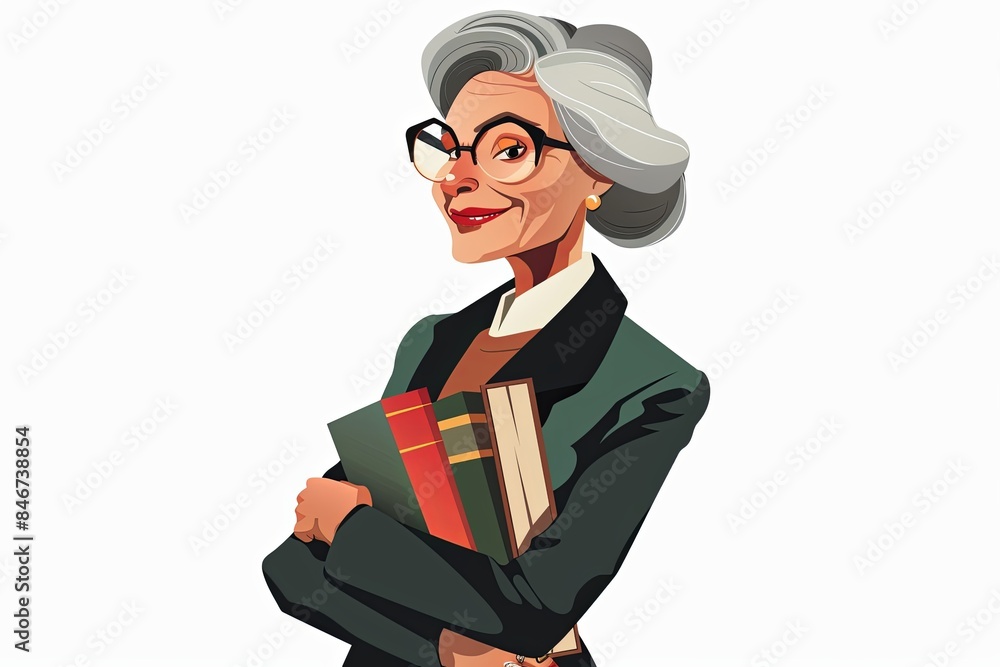A beautiful teacher in a classic suit, wearing glasses, holding books, smiling against a white background with space for text A beautiful teacher in a classic suit, wearing glasses, holding books, smiling against a white background with space for text