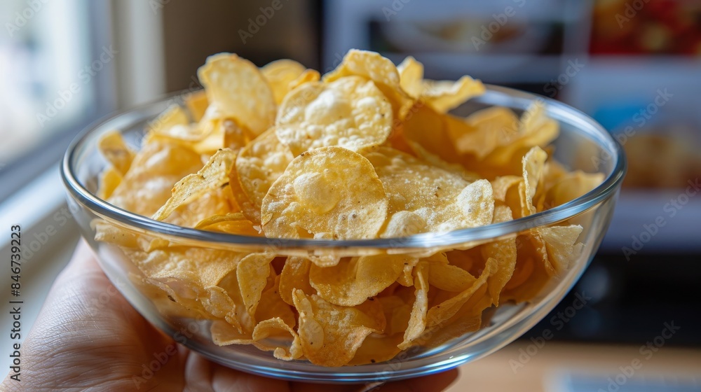 Couple enjoys snacks in front of widescreen tv, holding a bowl of delicious chips Couple enjoys snacks in front of widescreen tv, holding a bowl of delicious chips