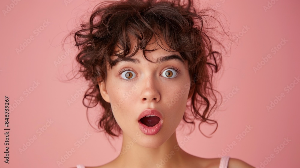 A closeup portrait of a shocked brunette young woman in casual style standing, shocked, looking at the camera with big eyes and an open mouth. A closeup portrait of a shocked brunette young woman in casual style standing, shocked, looking at the camera with big eyes and an open mouth.
