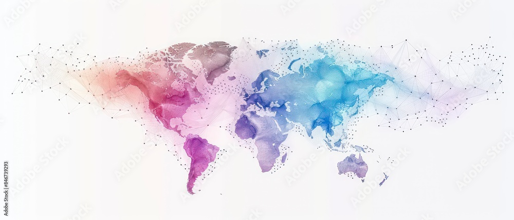 beautifully illustrated world map, connecting continents in a watercolor network on a white background beautifully illustrated world map, connecting continents in a watercolor network on a white background
