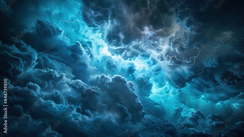 Overlay of blue clouds and a dark, dramatic sky. The sky is dramatic and lightning is present. The weather is bad with dark clouds. Rain and thunderstorm in dramatic sky