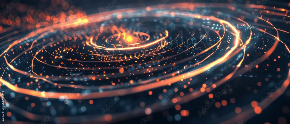 Smooth graphical orbit lines, set against a dark blue background, blend technology with sleek, colorful design Smooth graphical orbit lines, set against a dark blue background, blend technology with sleek, colorful design