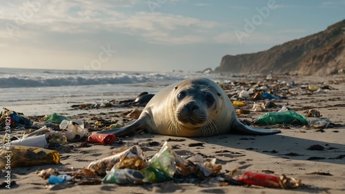 Seals on the beach with rubbish. Marine and beach pollution. Ai Generative. photo