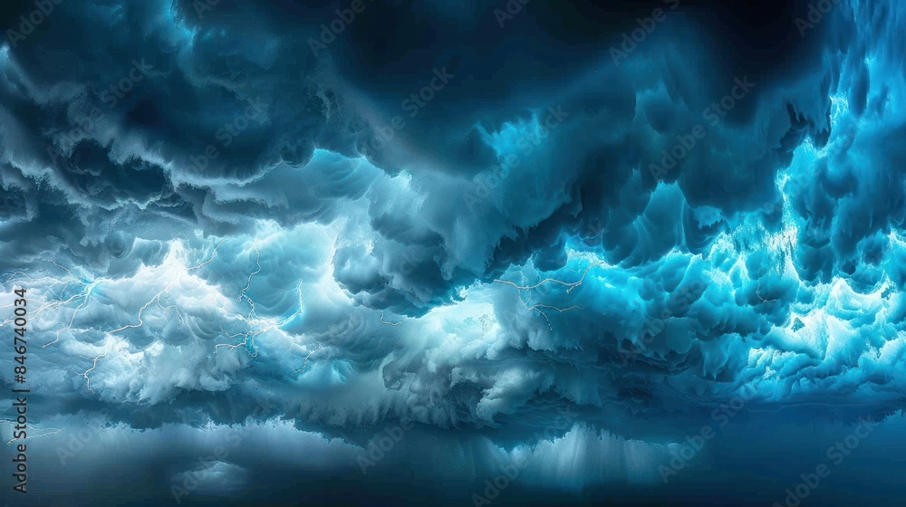 Naklejka premium Overlay of blue clouds and a dark, dramatic sky. The sky is dramatic and lightning is present. The weather is bad with dark clouds. Rain and thunderstorm in dramatic sky