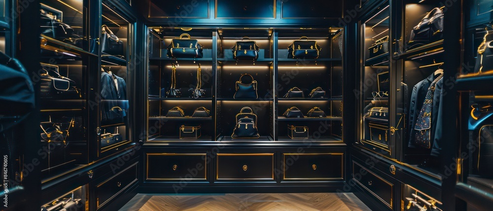 luxurious fashion store shelf, beautifully presenting designer pieces in a chic and refined manner luxurious fashion store shelf, beautifully presenting designer pieces in a chic and refined manner