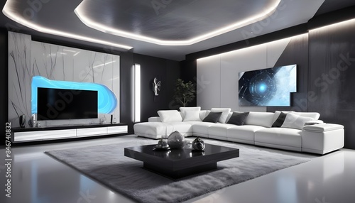 High end modern living room with white leather couch and a large flat screen tv mounted on the wall  brutalist architecture mixed with modern futuristic minimal design