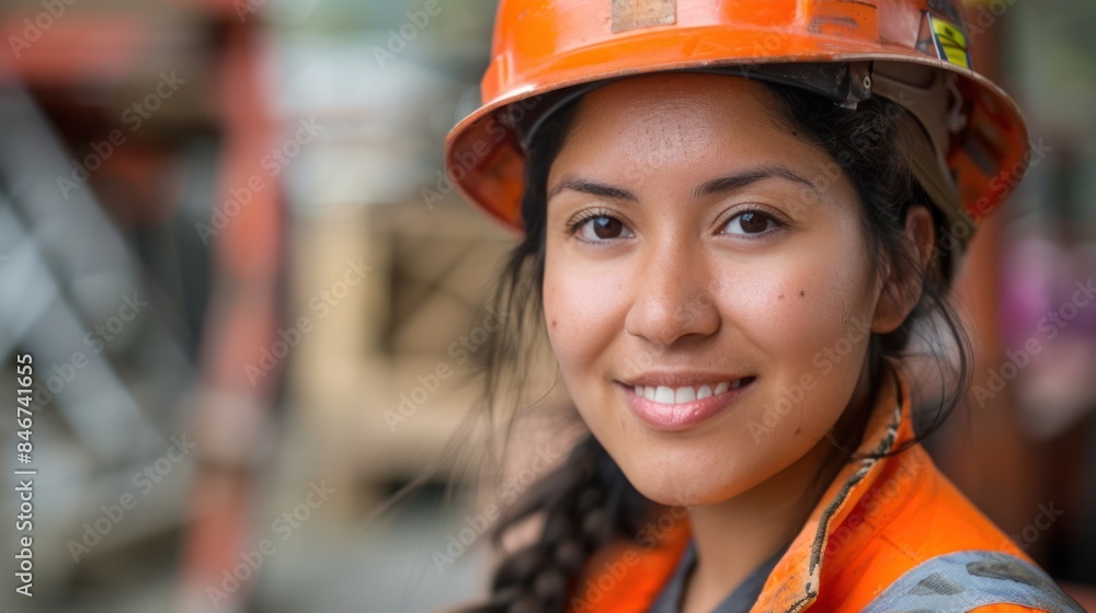 An engineer smiling at the construction site is a hispanic woman