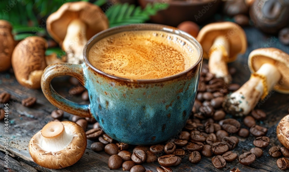 mushroom coffee in a cup on a wooden background, surrounded by mushrooms and coffee beans. Trendy superfood concept with copy space and selective focus mushroom coffee in a cup on a wooden background, surrounded by mushrooms and coffee beans. Trendy superfood concept with copy space and selective focus