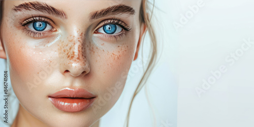 close up photo of blonde hair blue eyes freckles facial face of young white woman on white background 