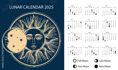 2025 Moon calendar. Astrological calendar design. Vector illustration