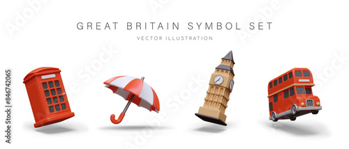 Red telephone box, umbrella, Big Ben, double decker bus
