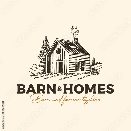 Vintage farm barn ranch home nature on the yard forest wood logo design