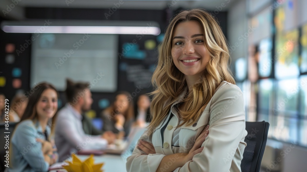 A happy businesswoman gives a presentation at an office meeting of a corporate group A happy businesswoman gives a presentation at an office meeting of a corporate group