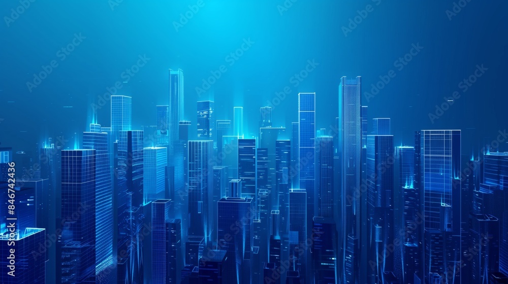 Modern Cityscape with Skyscrapers and Glass Buildings in Blue Shades Symbolizing Innovation and Technology. Representation of Digital Transformation in Real Estate Modern Cityscape with Skyscrapers and Glass Buildings in Blue Shades Symbolizing Innovation and Technology. Representation of Digital Transformation in Real Estate
