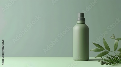 Green Skincare Bottle Mockup with Leaves and Minimal Background © pkproject