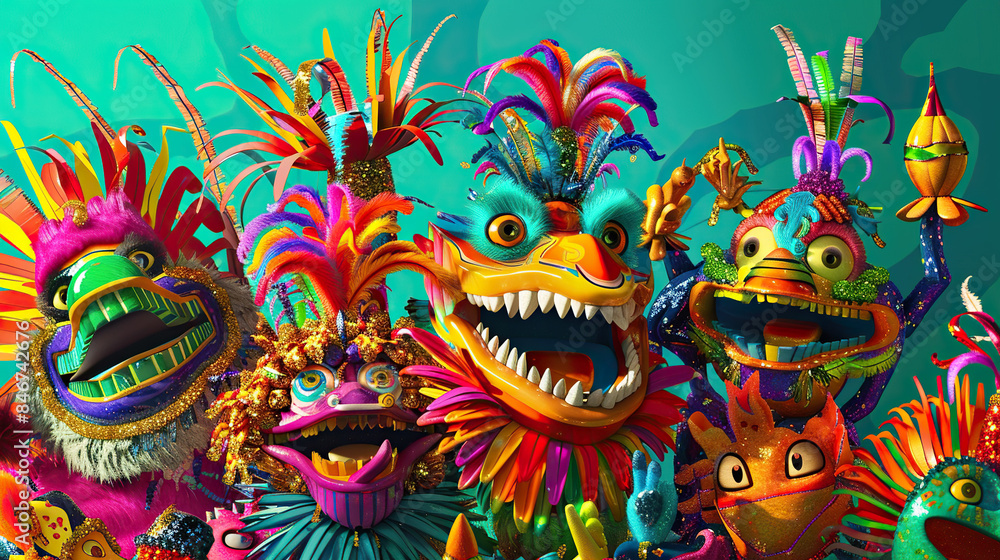 Fototapeta premium 3d Cartoon Samba dancers in sequined Costumes