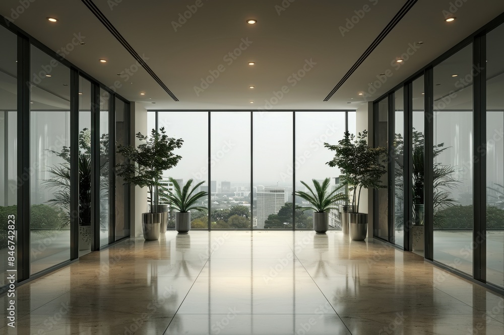 A large, empty room with a view of the city A large, empty room with a view of the city