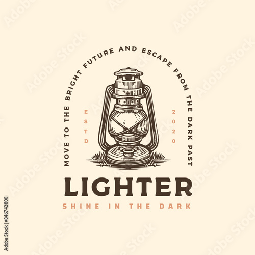 Vintage lantern lamp light engraved retro hand drawn for outdoor night camp logo design vector