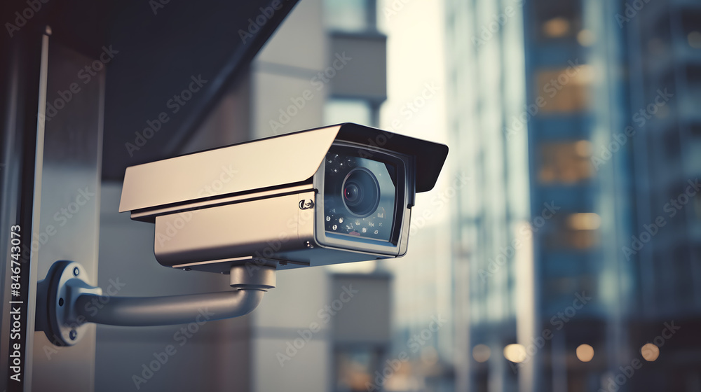 CCTV security camera in a city with business building on background CCTV security camera in a city with business building on background