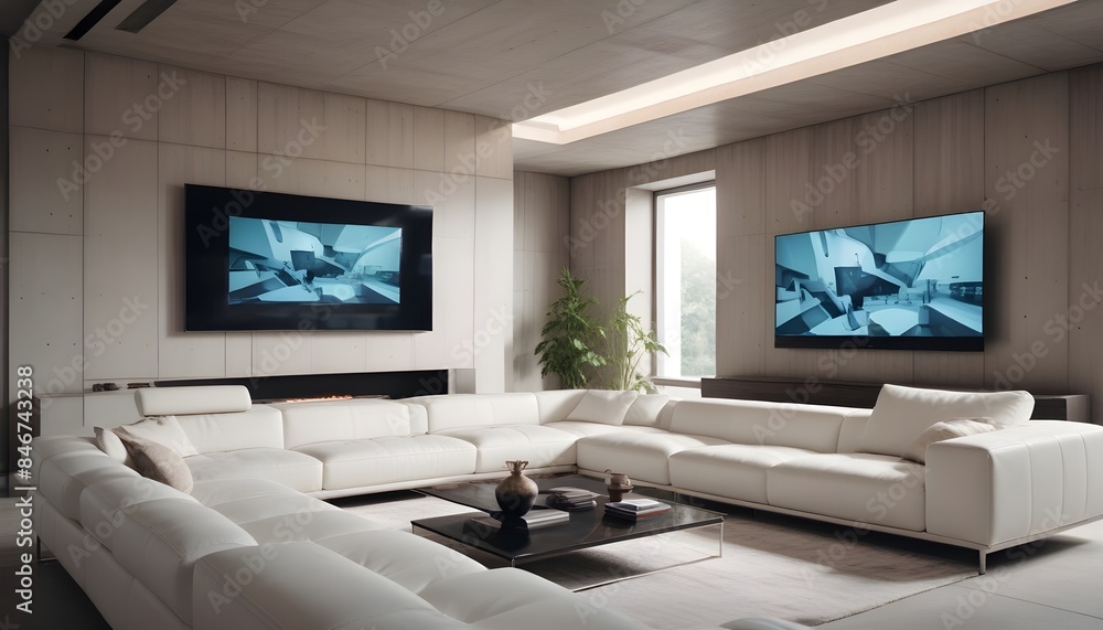 High end modern living room with white leather couch and a large flat screen tv mounted on the wall, brutalist architecture mixed with modern futuristic minimal design High end modern living room with white leather couch and a large flat screen tv mounted on the wall, brutalist architecture mixed with modern futuristic minimal design