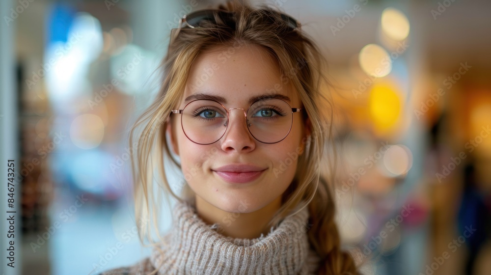 An optics store banner shows a happy customer choosing eyeglasses. Medical eye care. A pretty young woman trying on a new pair of glasses. Happy woman buying glasses at optics store An optics store banner shows a happy customer choosing eyeglasses. Medical eye care. A pretty young woman trying on a new pair of glasses. Happy woman buying glasses at optics store