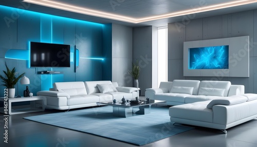 High end modern living room with white leather couch and a large flat screen tv mounted on the wall, brutalist architecture mixed with modern futuristic minimal design