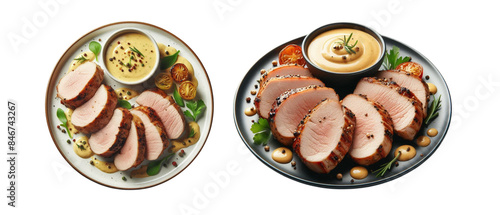Set of sliced pork tenderloin medallions, cooked to perfection and served with a creamy mustard sauce
