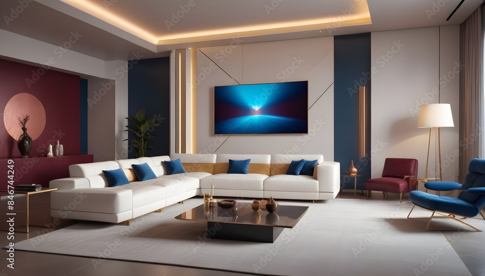 Fototapeta premium High end modern living room with white leather couch and a large flat screen tv mounted on the wall, brutalist architecture mixed with modern futuristic minimal design