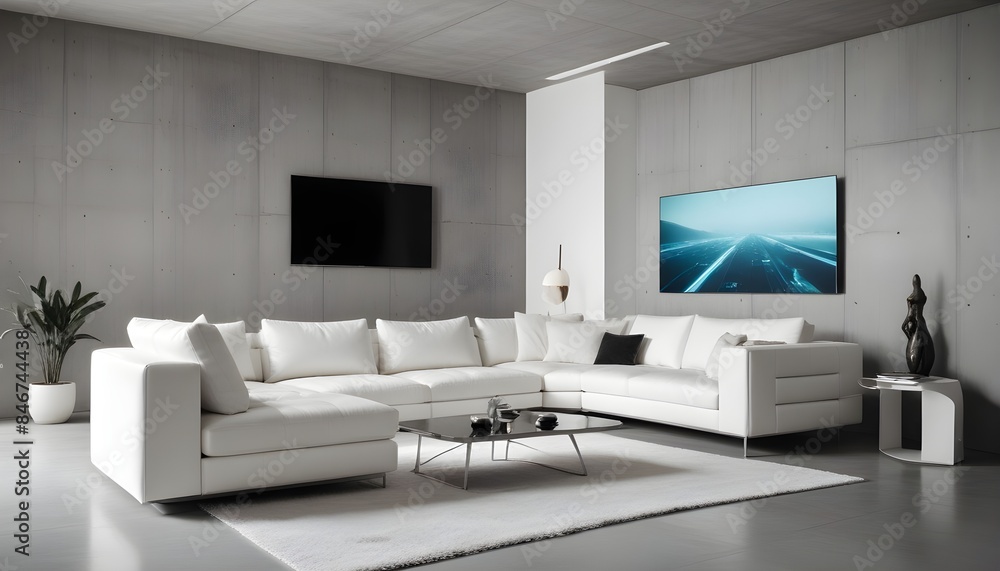 High end modern living room with white leather couch and a large flat screen tv mounted on the wall, brutalist architecture mixed with modern futuristic minimal design High end modern living room with white leather couch and a large flat screen tv mounted on the wall, brutalist architecture mixed with modern futuristic minimal design